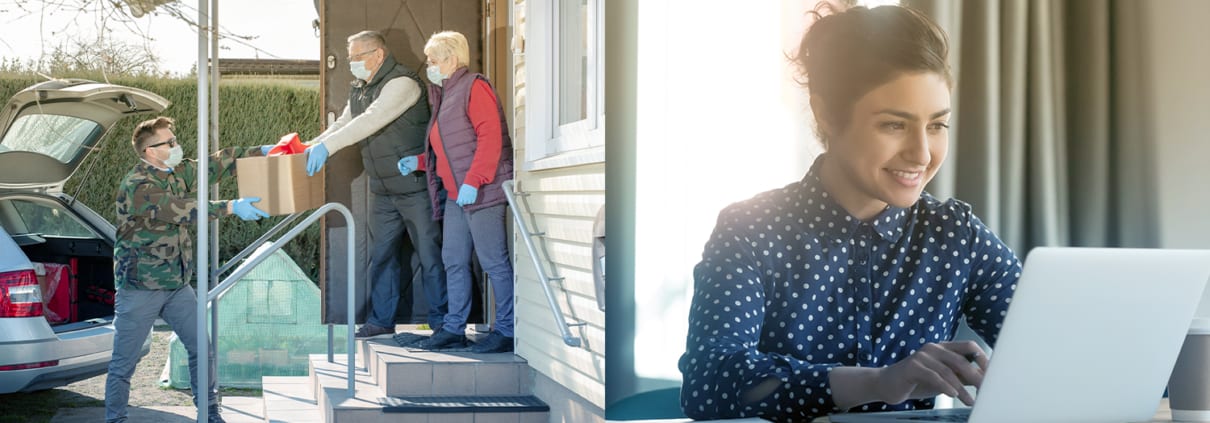 8 Ways to Help People Who are Food Insecure, elderly couple handing box of supplies to man loading in car trunk, smiling young woman researching on laptop